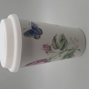 10 oz. LENOX butterfly meadow porcelain glass thermal travel mug silicone lid